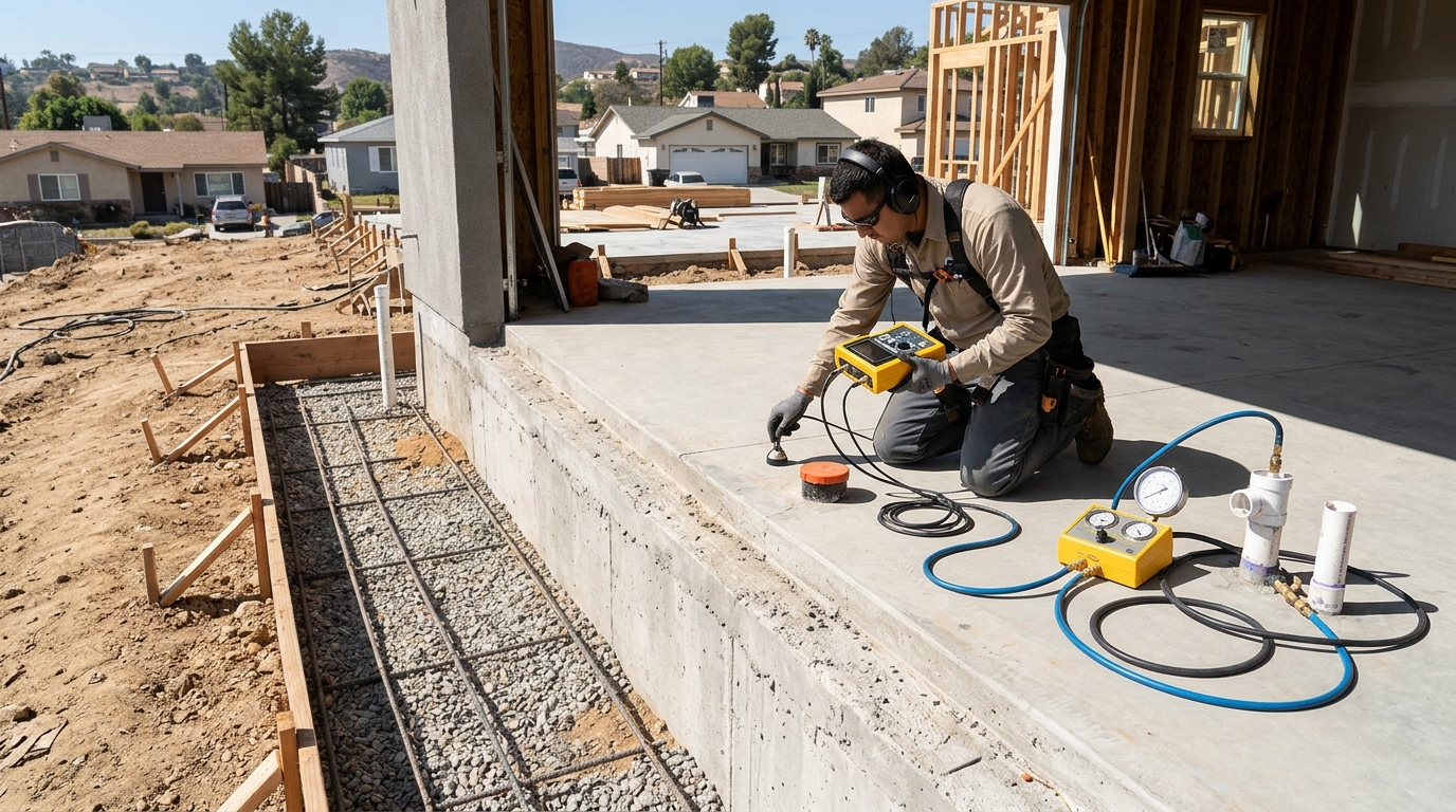 Plumbing technician testing concrete foundation slab with acoustic leak detector in Mansfield TX